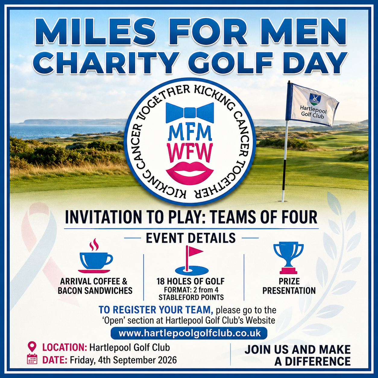 Miles For Men Charity Golf Day — Invitation to Play, Teams of Four, Hartlepool Golf Club, Friday 4th September 2026