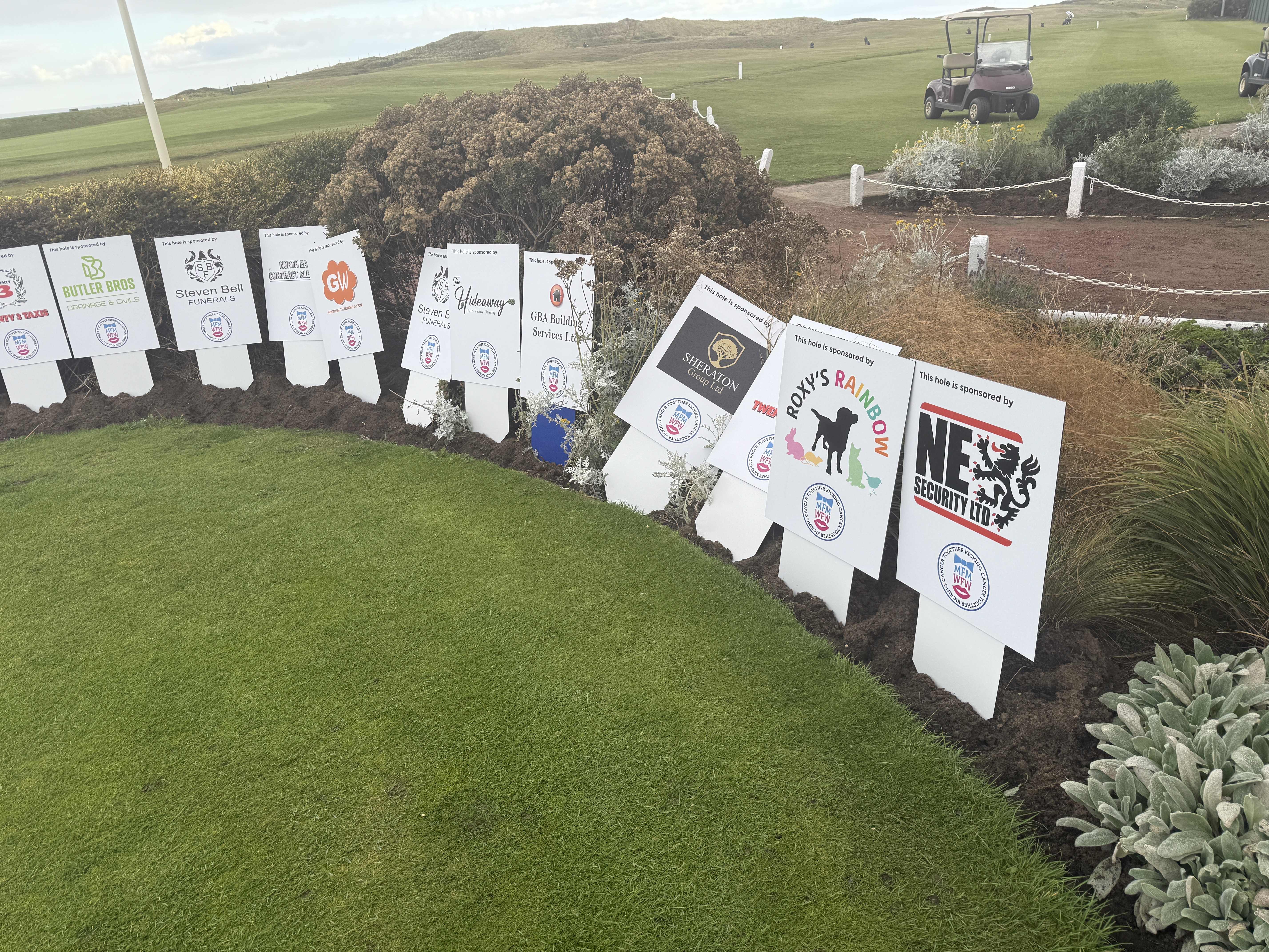 Hole sponsorship boards at Hartlepool Golf Club — Miles For Men Charity Golf Day