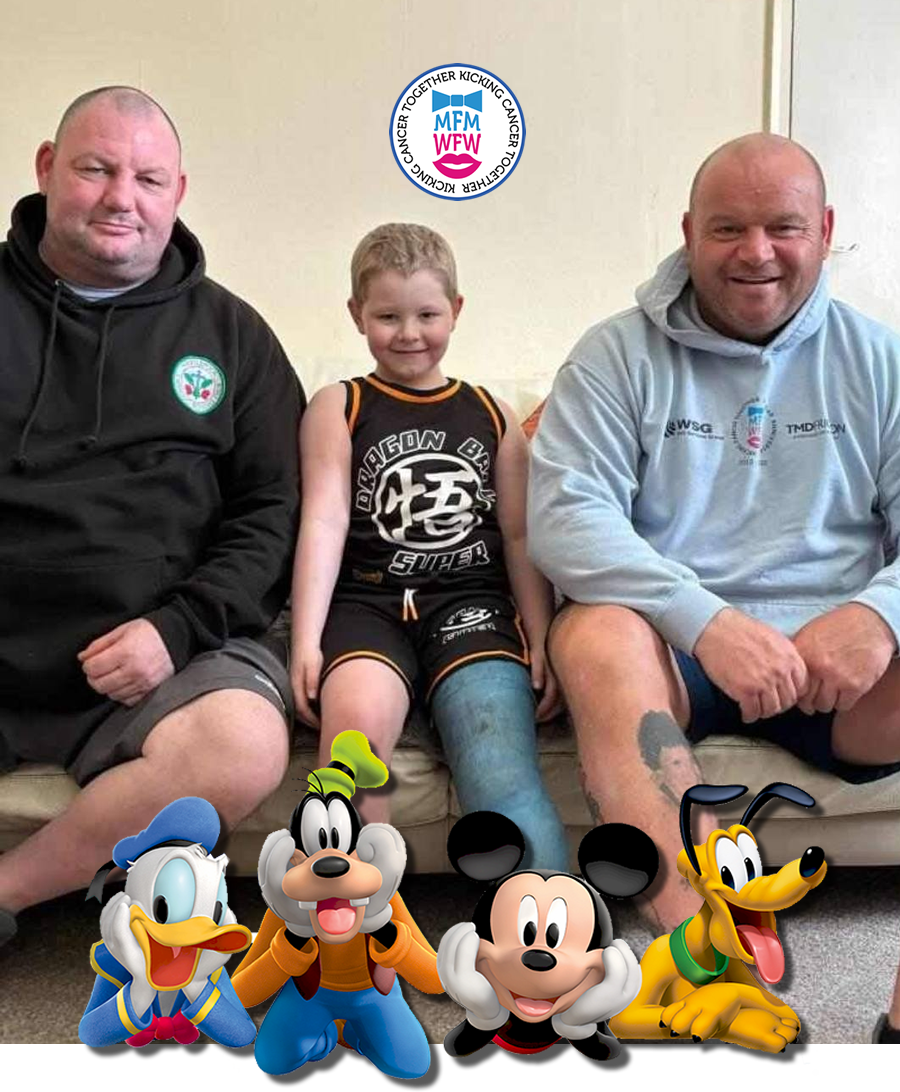 Riley with Micky Day and the Miles For Men team — Disney characters celebrating his journey